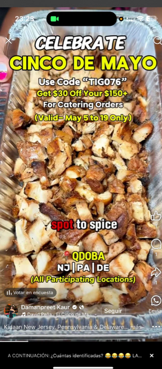 Qdoba Mexican Grill promo code screenshot showing code TIG076 applied at Qdoba Mexican Grill checkout page. Uploaded by SimplyCodes community member ______________________________ on May 3, 2025