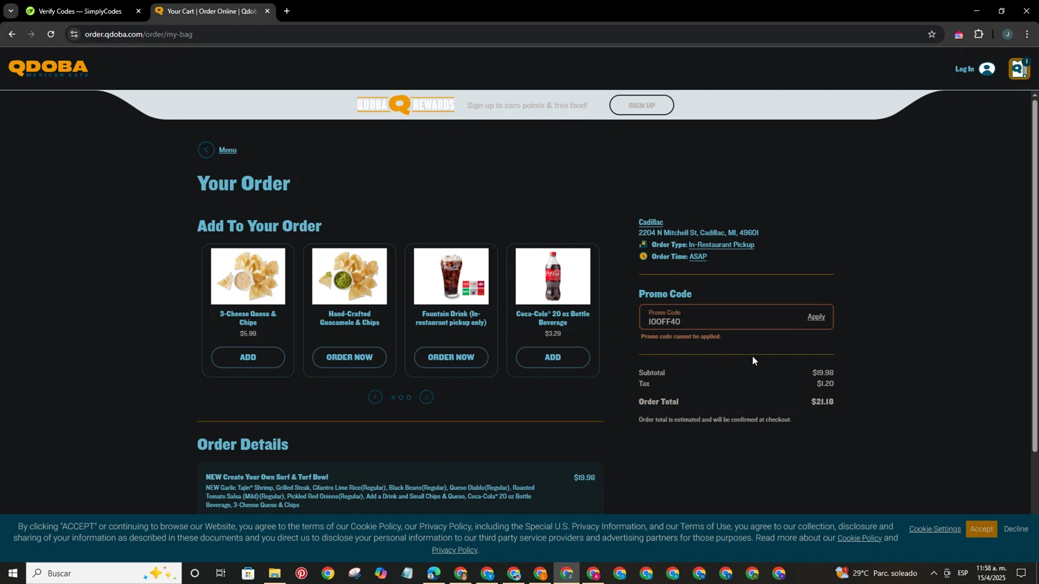 Qdoba Mexican Grill promo code screenshot showing code 10OFF40 applied at Qdoba Mexican Grill checkout page. Uploaded by SimplyCodes community member BrilliantFox6031 on Apr 15, 2025