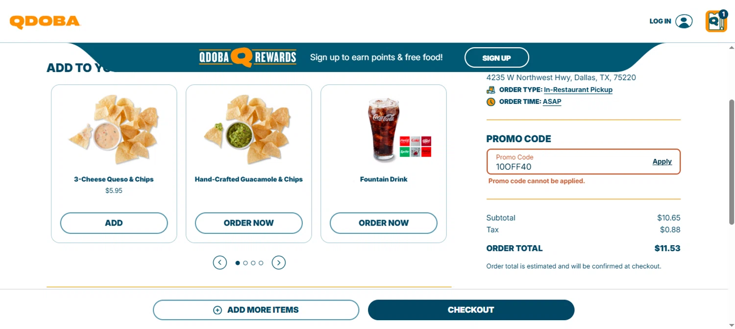 Qdoba Mexican Grill promo code screenshot showing code 10OFF40 applied at Qdoba Mexican Grill checkout page. Uploaded by SimplyCodes community member pipemalkovich on Jun 18, 2025