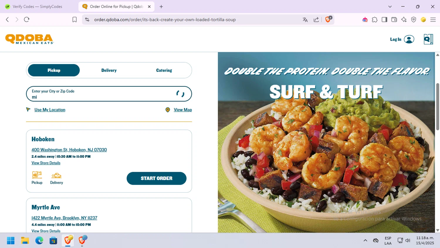 Qdoba Mexican Grill promo code screenshot showing code FREEDEL applied at Qdoba Mexican Grill checkout page. Uploaded by SimplyCodes community member PanConQueso on Apr 15, 2025
