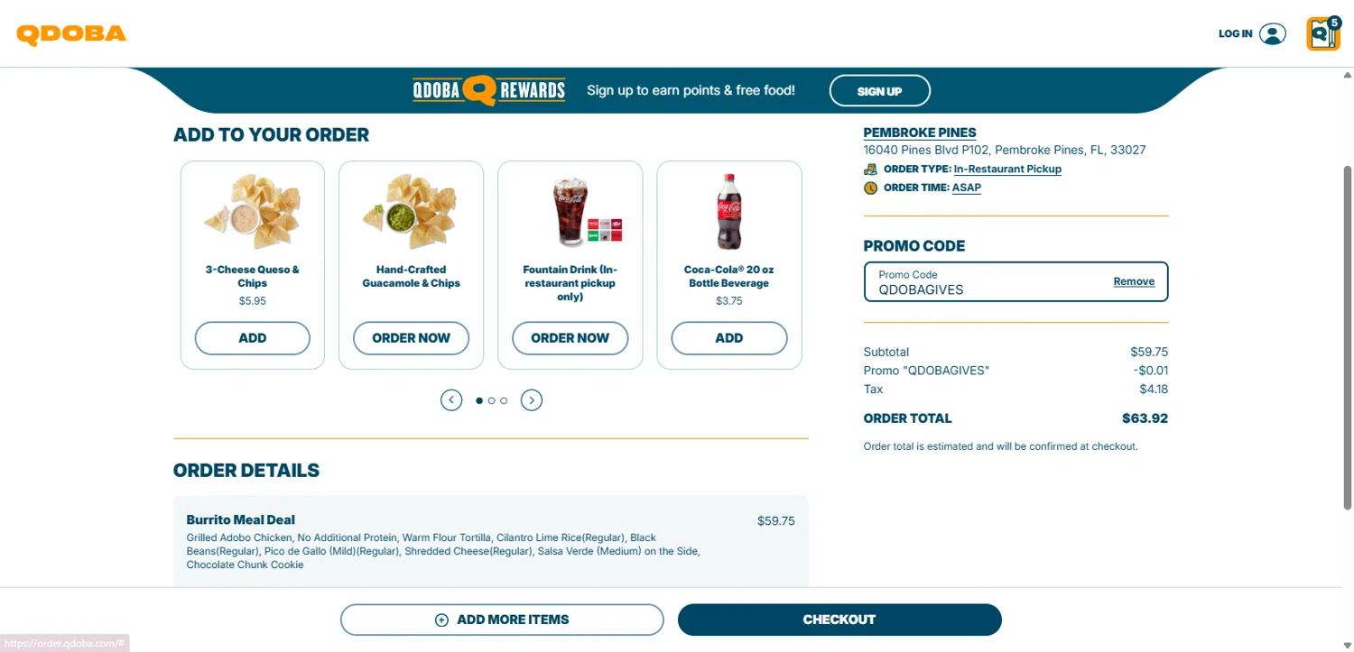 Qdoba Mexican Grill checkout page showing Qdoba Mexican Grill promo code box | Screenshot taken by SimplyCodes community member on Oct 21, 2025