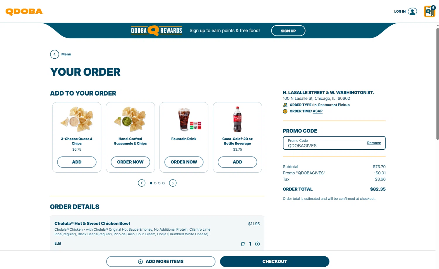 Qdoba Mexican Grill checkout page showing Qdoba Mexican Grill promo code box | Screenshot taken by SimplyCodes community member on Oct 20, 2025