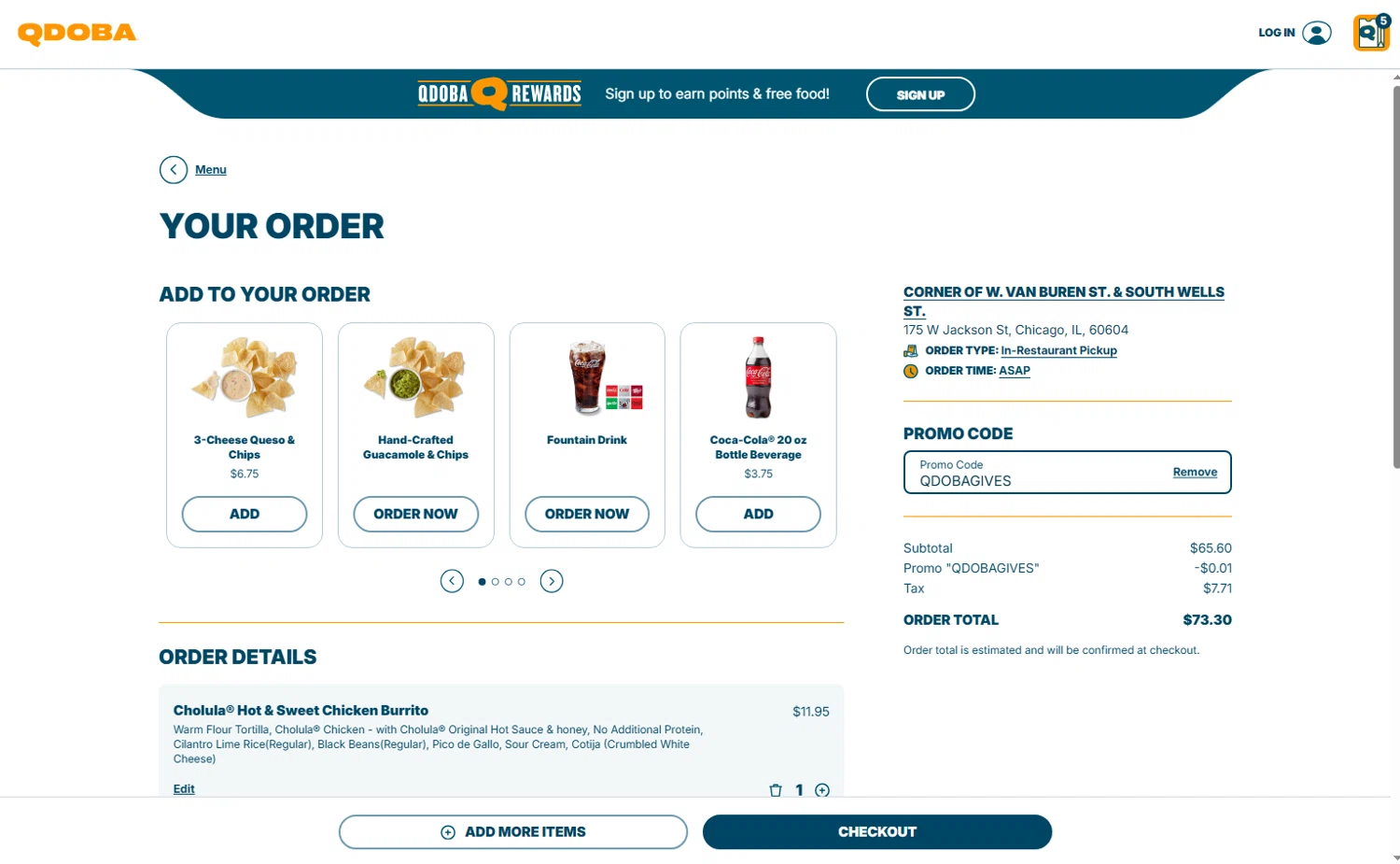 Qdoba Mexican Grill promo code screenshot showing code QDOBAGIVES applied at Qdoba Mexican Grill checkout page. Uploaded by SimplyCodes community member Keilynkeyonshea on Dec 28, 2025