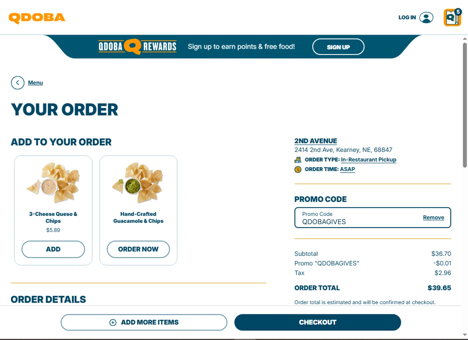 Qdoba Mexican Grill checkout page showing Qdoba Mexican Grill promo code box | Screenshot taken by SimplyCodes community member on Sep 20, 2025