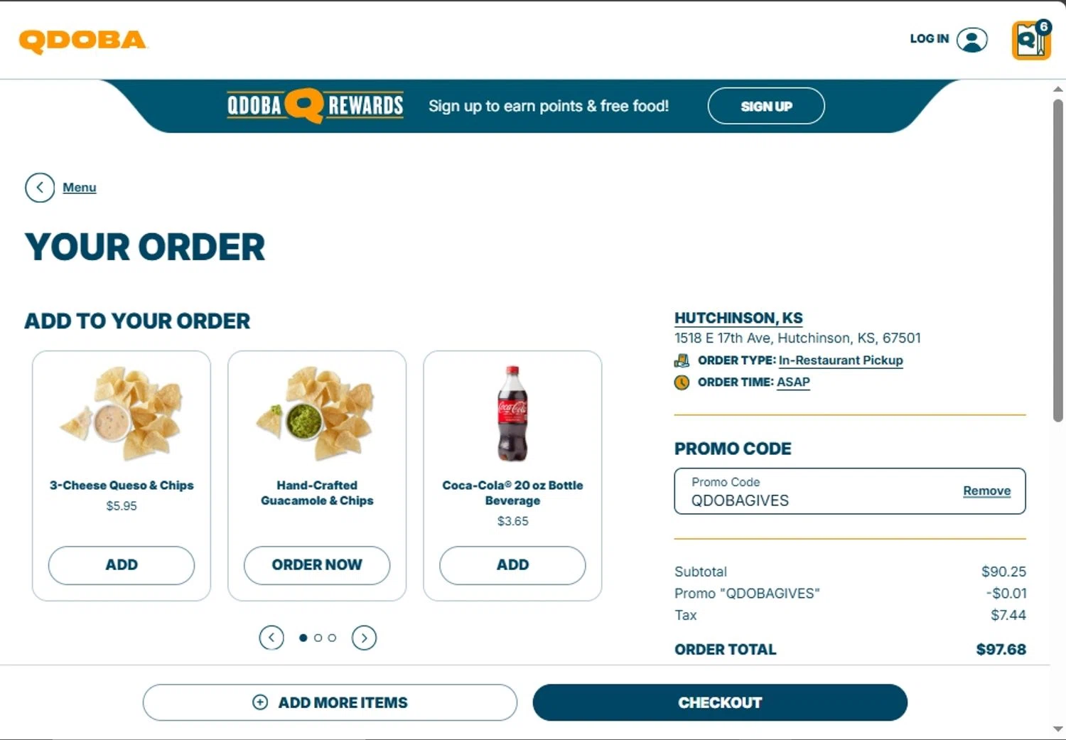 Qdoba Mexican Grill checkout page showing Qdoba Mexican Grill promo code box | Screenshot taken by SimplyCodes community member on Oct 30, 2025