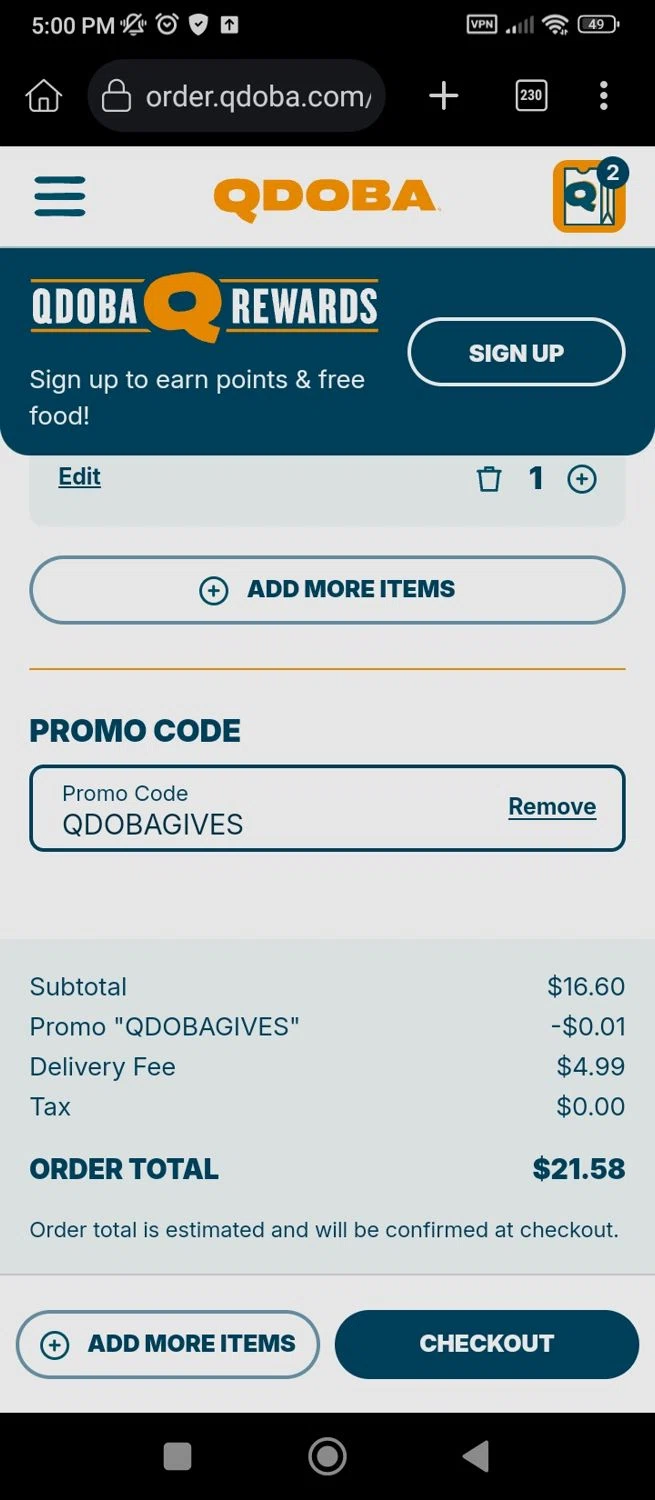 Qdoba Mexican Grill checkout page showing Qdoba Mexican Grill promo code box | Screenshot taken by SimplyCodes community member on Sep 9, 2025