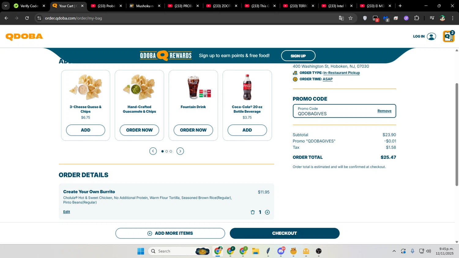 Qdoba Mexican Grill checkout page showing Qdoba Mexican Grill promo code box | Screenshot taken by SimplyCodes community member on Nov 13, 2025