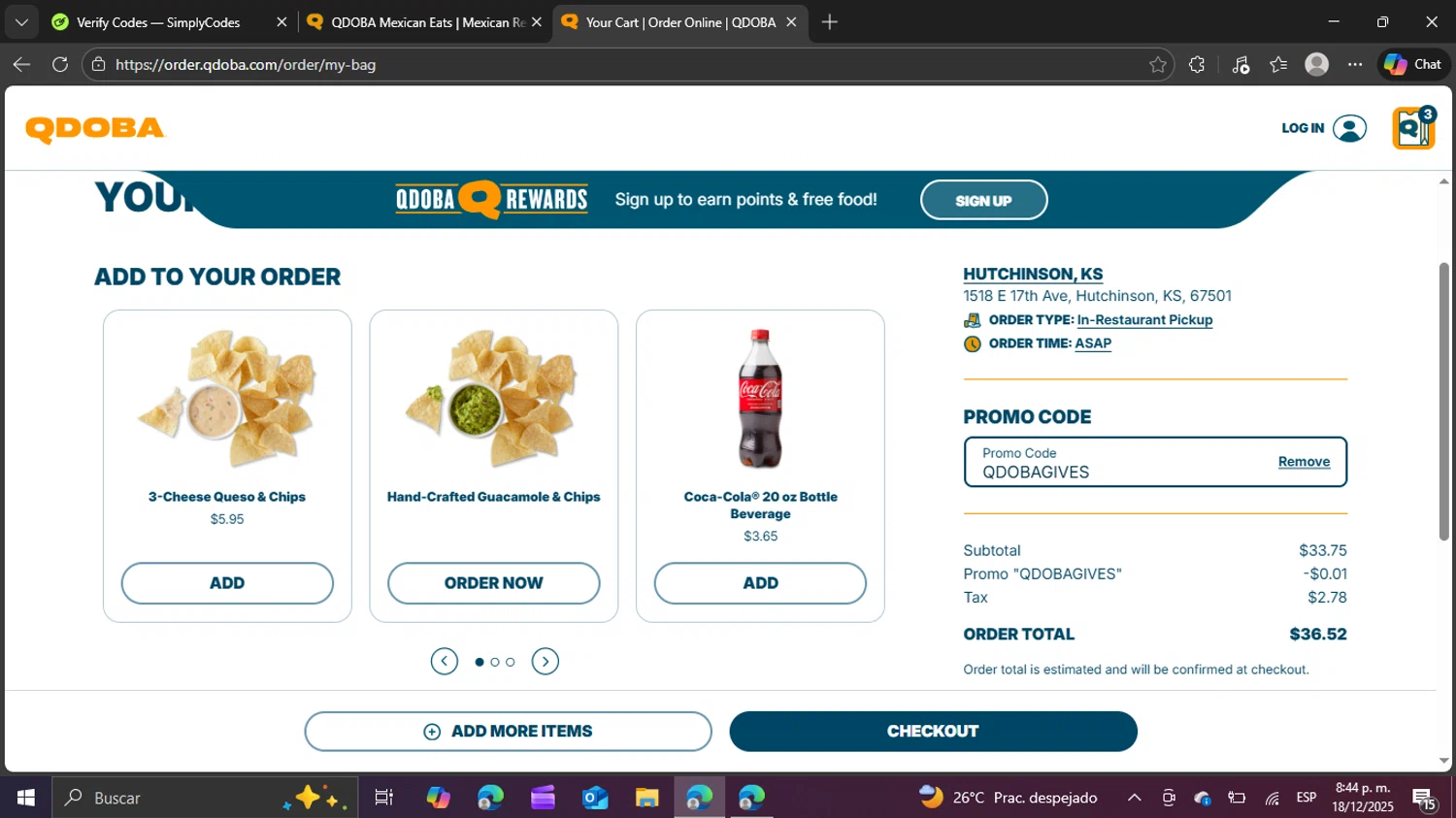 Qdoba Mexican Grill promo code screenshot showing code QDOBAGIVES applied at Qdoba Mexican Grill checkout page. Uploaded by SimplyCodes community member swiftie on Dec 19, 2025