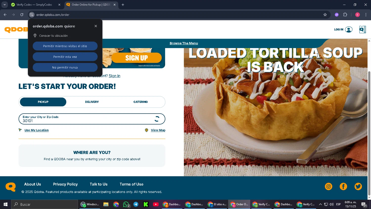 Qdoba Mexican Grill promo code screenshot showing code NACHODAY applied at Qdoba Mexican Grill checkout page. Uploaded by SimplyCodes community member CouponGuardian8137 on Nov 15, 2025