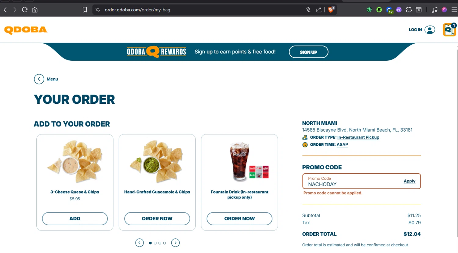 Qdoba Mexican Grill promo code screenshot showing code NACHODAY applied at Qdoba Mexican Grill checkout page. Uploaded by SimplyCodes community member Jmhernand1 on Nov 6, 2025