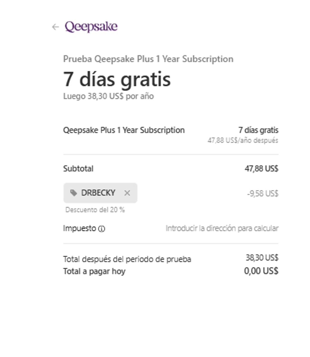 Qeepsake promo code screenshot showing code DRBECKY applied at Qeepsake checkout page. Uploaded by SimplyCodes community member CouponLion324 on Jul 13, 2025
