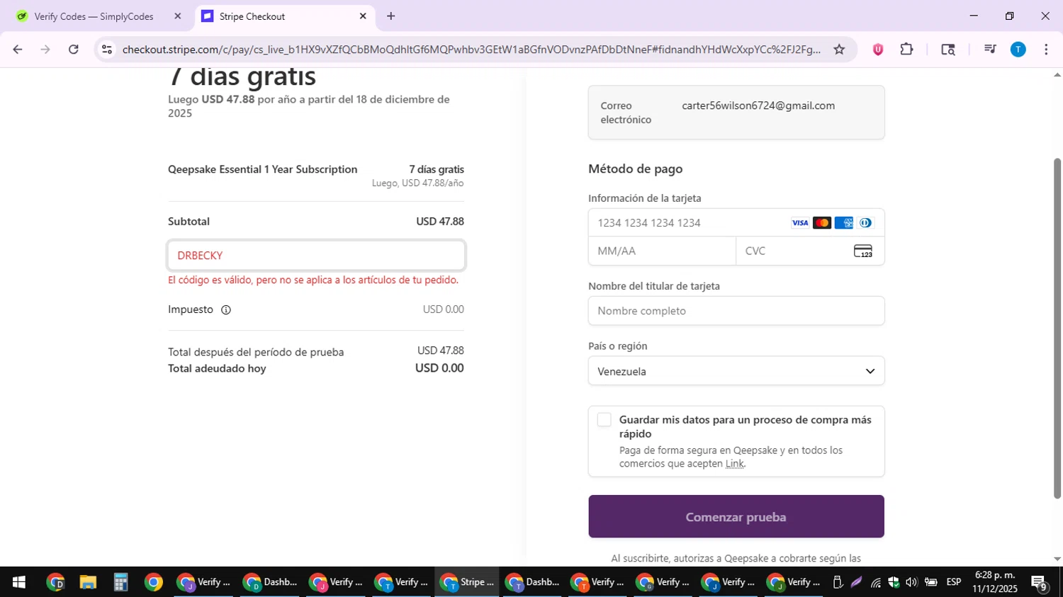 Qeepsake promo code screenshot showing code DRBECKY applied at Qeepsake checkout page. Uploaded by SimplyCodes community member LuckyPioneer4530 on Dec 11, 2025