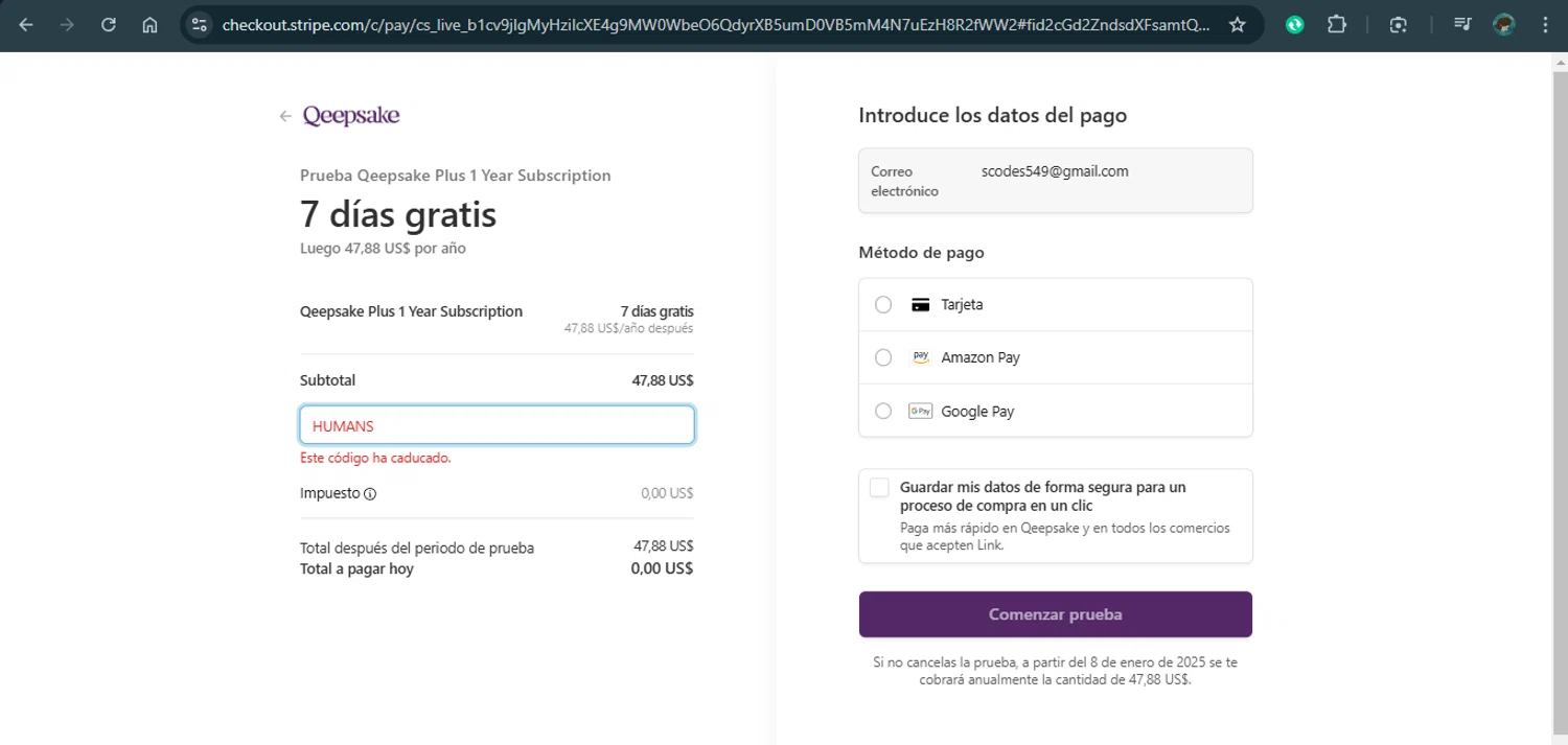 Qeepsake promo code screenshot showing code HUMANS applied at Qeepsake checkout page. Uploaded by SimplyCodes community member xAngel on Jan 2, 2025