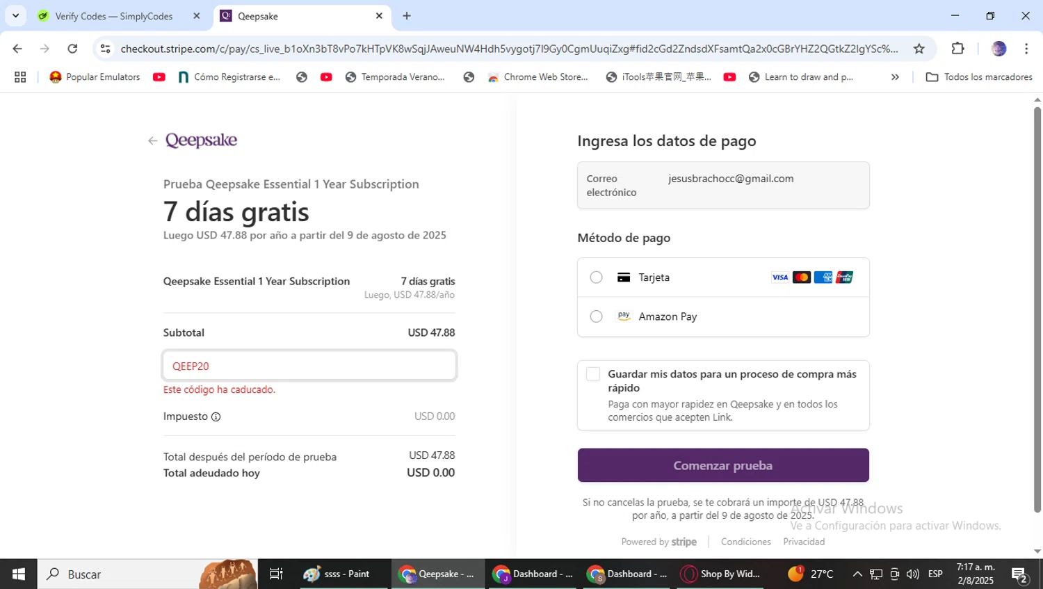 Qeepsake promo code screenshot showing code QEEP20 applied at Qeepsake checkout page. Uploaded by SimplyCodes community member DealLynx6506 on Aug 2, 2025