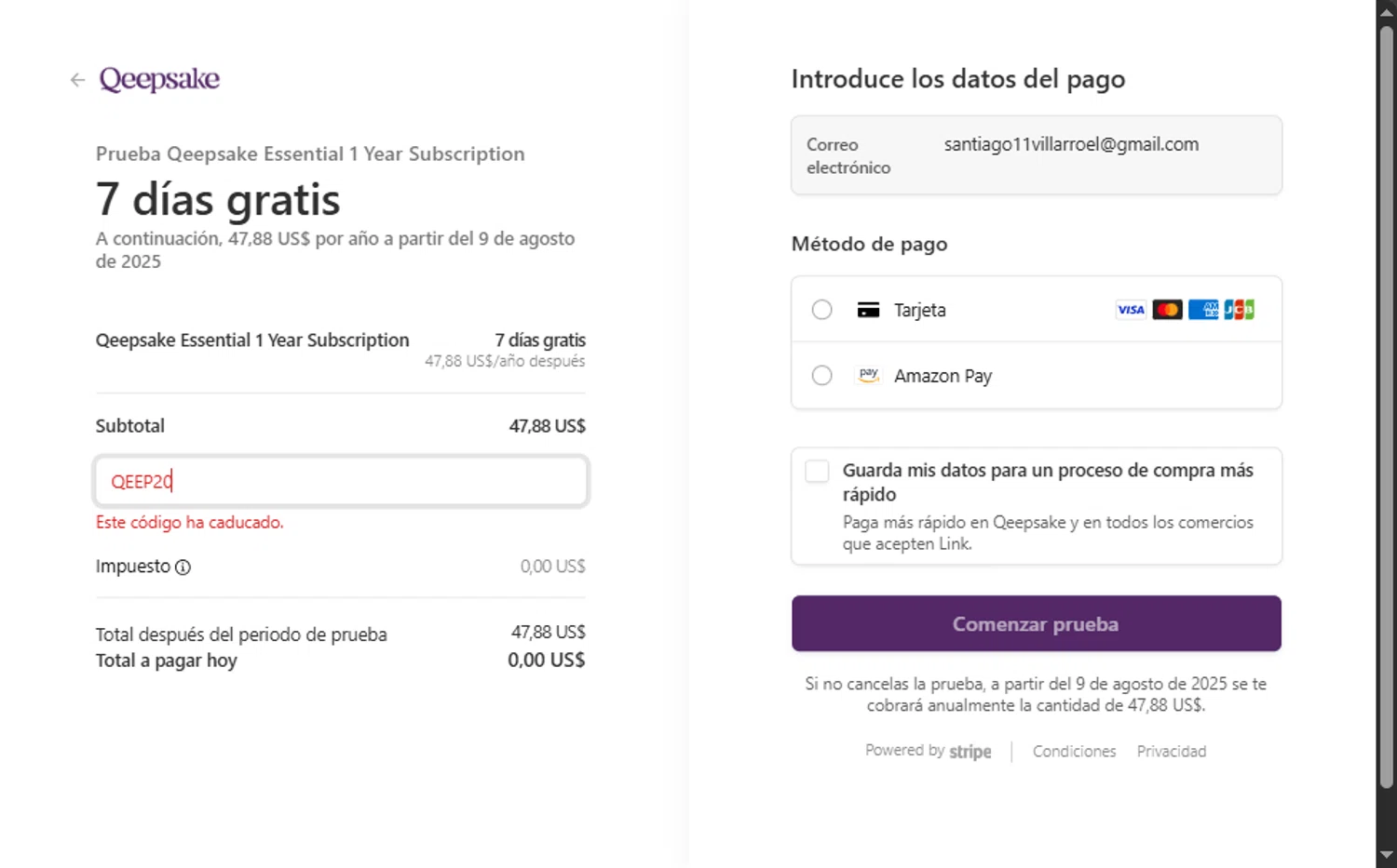 Qeepsake promo code screenshot showing code QEEP20 applied at Qeepsake checkout page. Uploaded by SimplyCodes community member Santi_ago on Aug 2, 2025