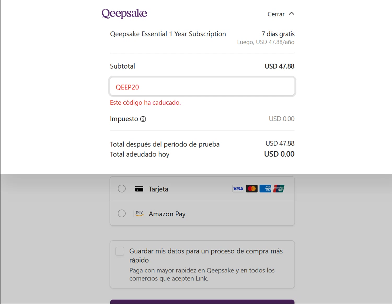 Qeepsake promo code screenshot showing code QEEP20 applied at Qeepsake checkout page. Uploaded by SimplyCodes community member ValiantLion5897 on Aug 2, 2025