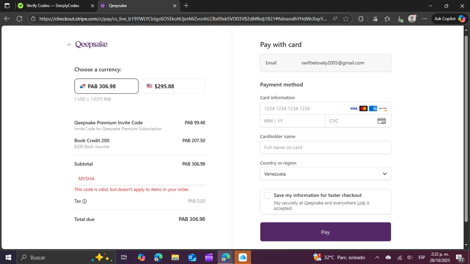 Qeepsake promo code screenshot showing code Mysha applied at Qeepsake checkout page. Uploaded by SimplyCodes community member swiftie on Oct 28, 2025