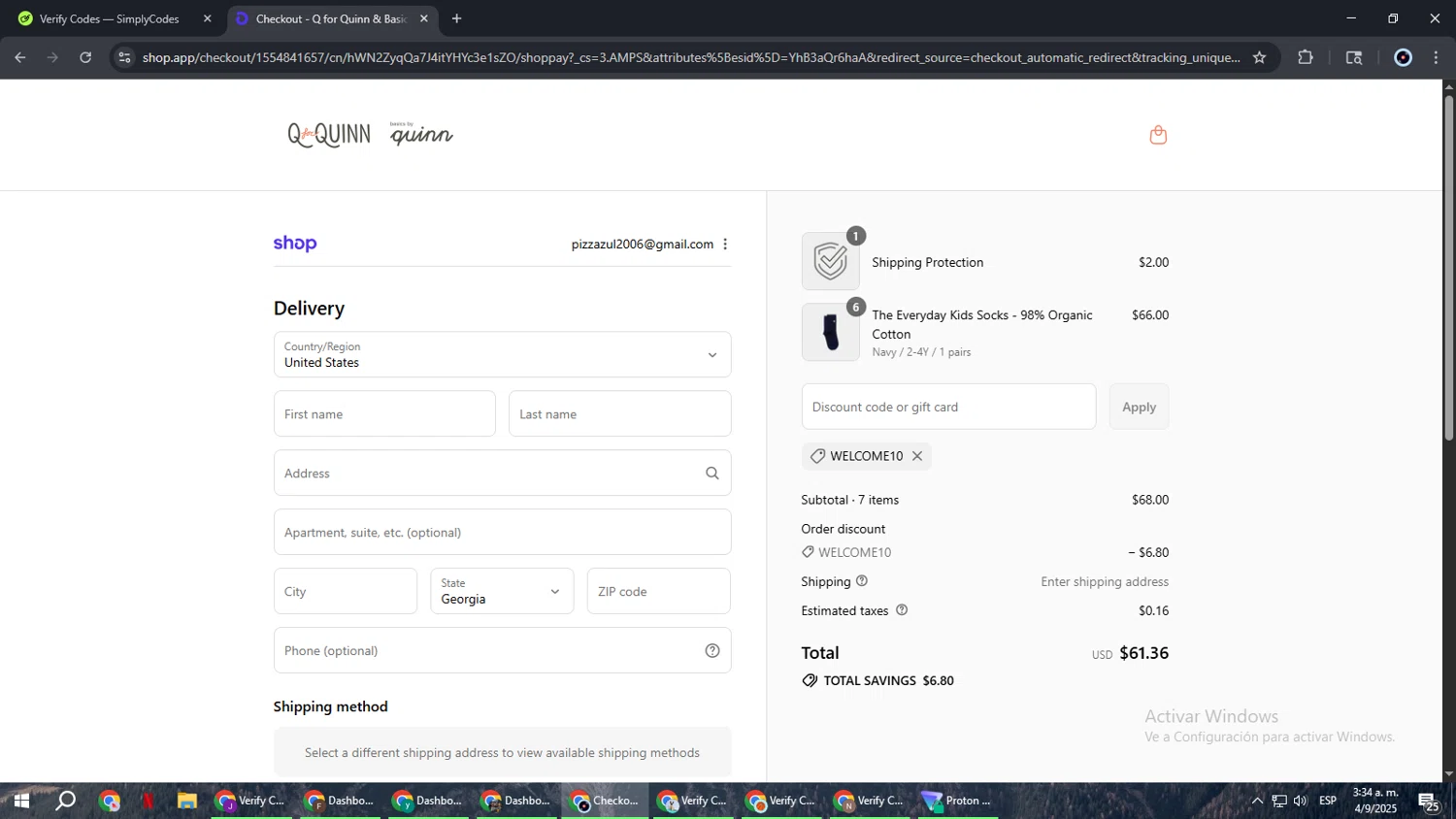 Q for Quinn discount code screenshot showing code welcome10 applied at Q for Quinn checkout page. Uploaded by SimplyCodes community member RoyalBoss4384 on Sep 4, 2025