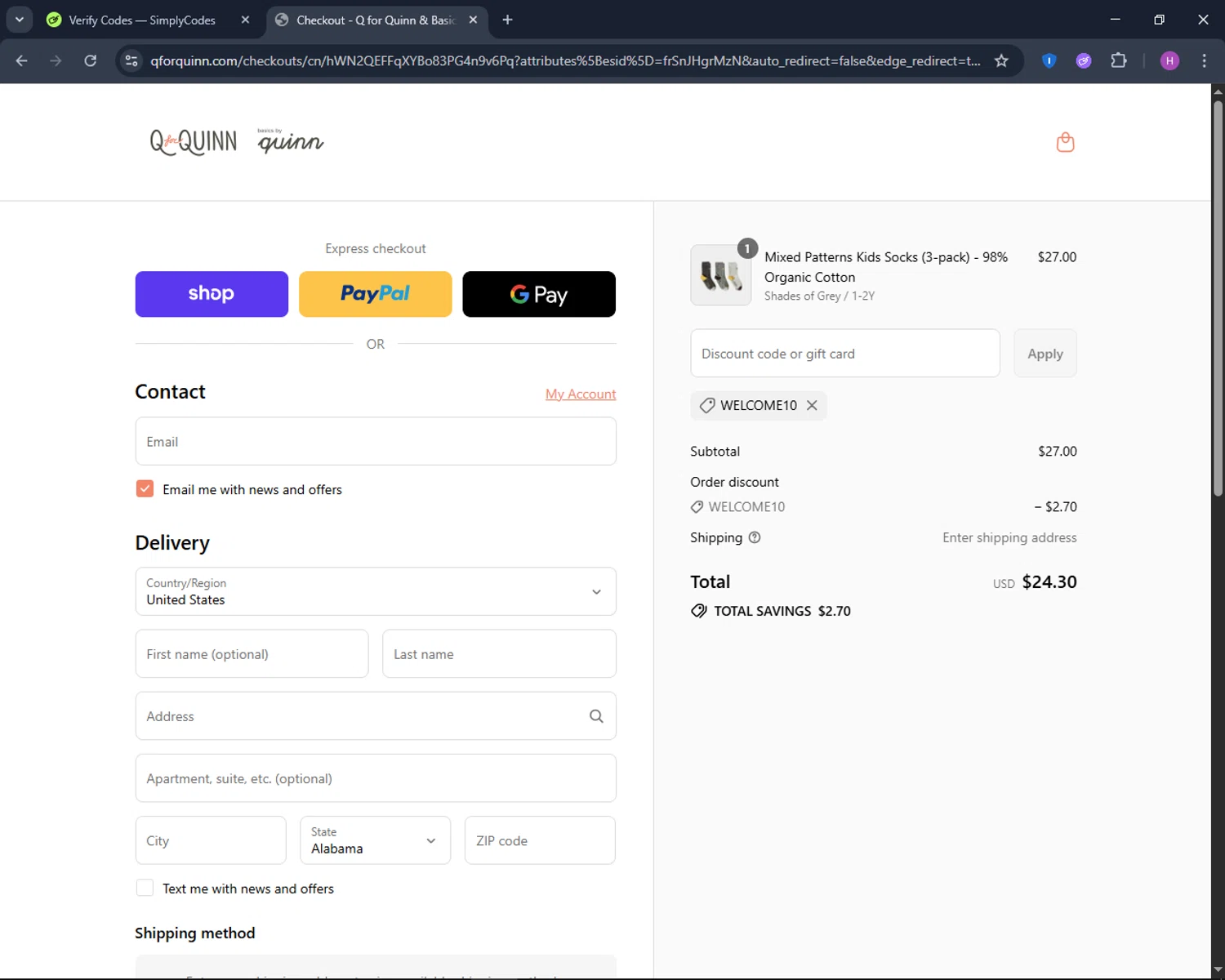 Q for Quinn discount code screenshot showing code welcome10 applied at Q for Quinn checkout page. Uploaded by SimplyCodes community member TokenNavigator6891 on Aug 31, 2025
