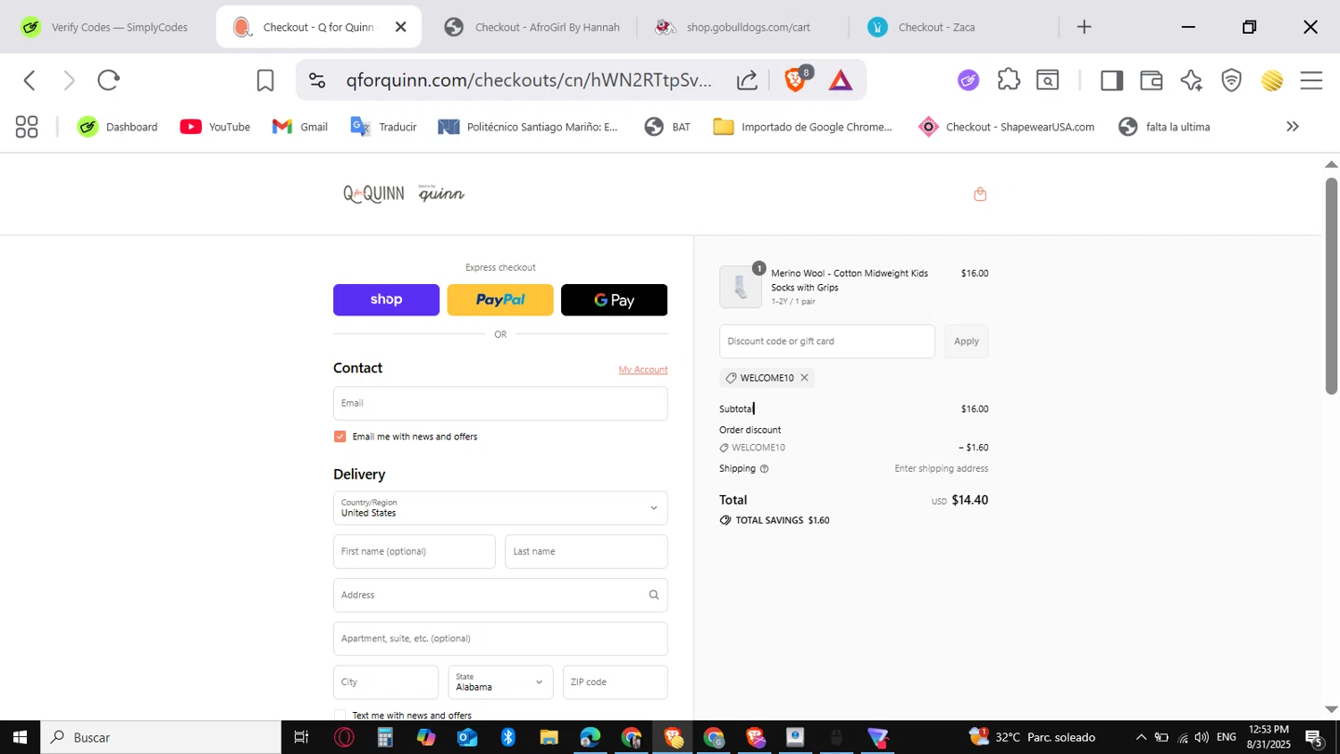 Q for Quinn discount code screenshot showing code welcome10 applied at Q for Quinn checkout page. Uploaded by SimplyCodes community member conorgrey on Aug 31, 2025