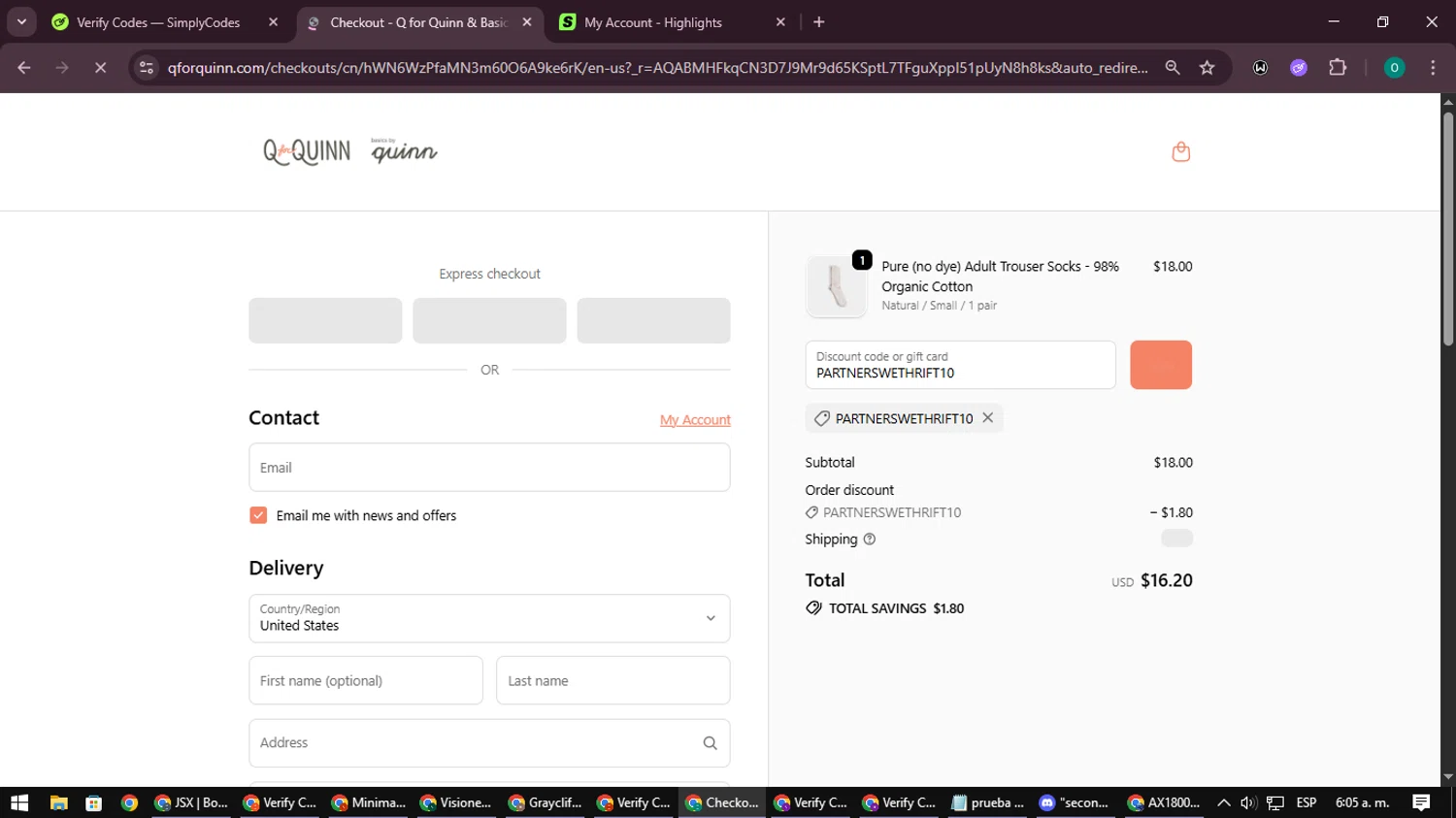Q for Quinn discount code screenshot showing code PARTNERSWETHRIFT10 applied at Q for Quinn checkout page. Uploaded by SimplyCodes community member LuckyDefender9428 on Dec 17, 2025