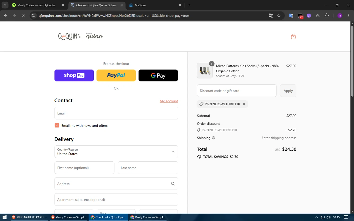 Q for Quinn discount code screenshot showing code PARTNERSWETHRIFT10 applied at Q for Quinn checkout page. Uploaded by SimplyCodes community member usuario500 on Jul 23, 2025