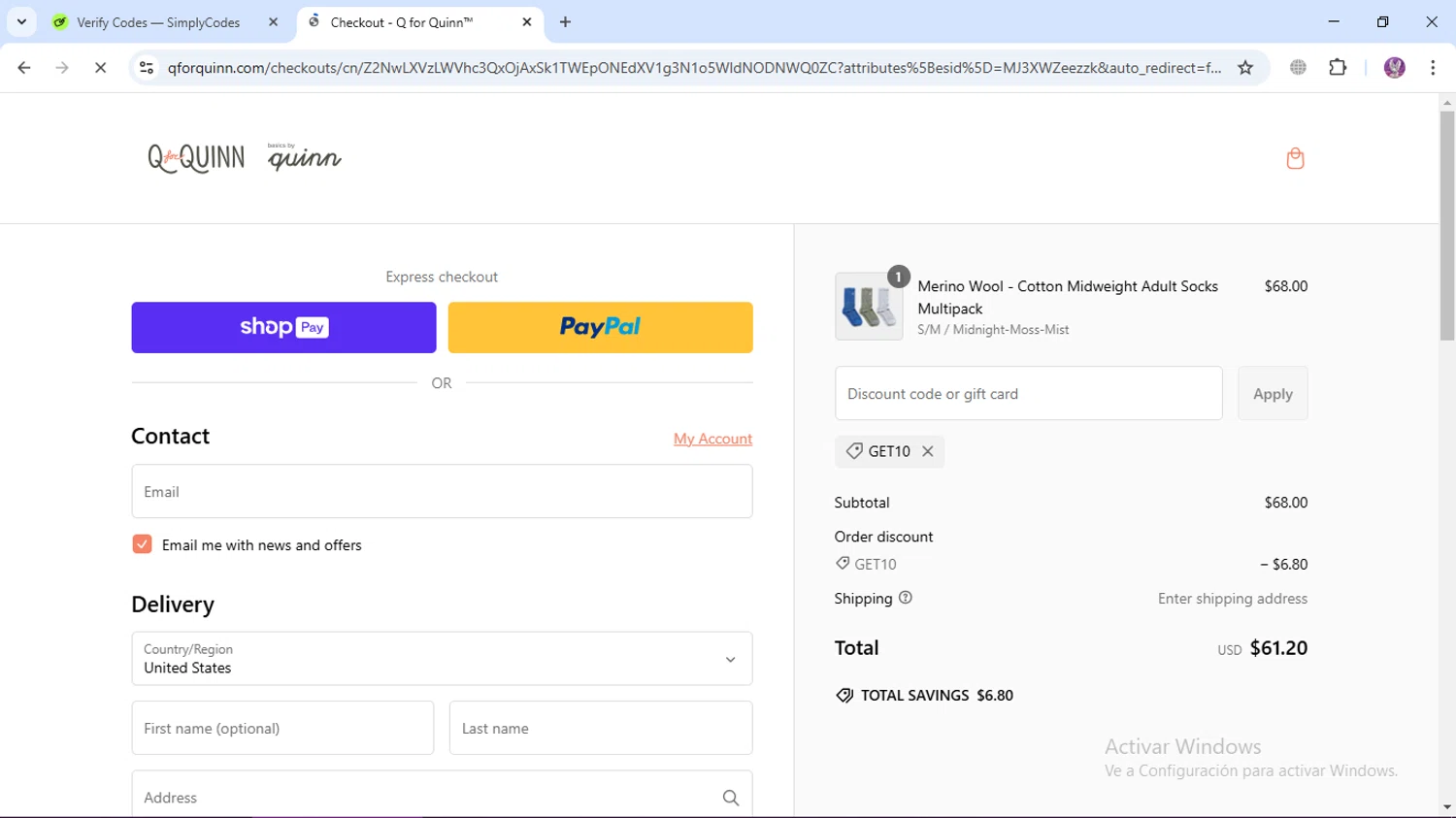 Q for Quinn discount code screenshot showing code GET10 applied at Q for Quinn checkout page. Uploaded by SimplyCodes community member LassoReyes on Feb 23, 2025