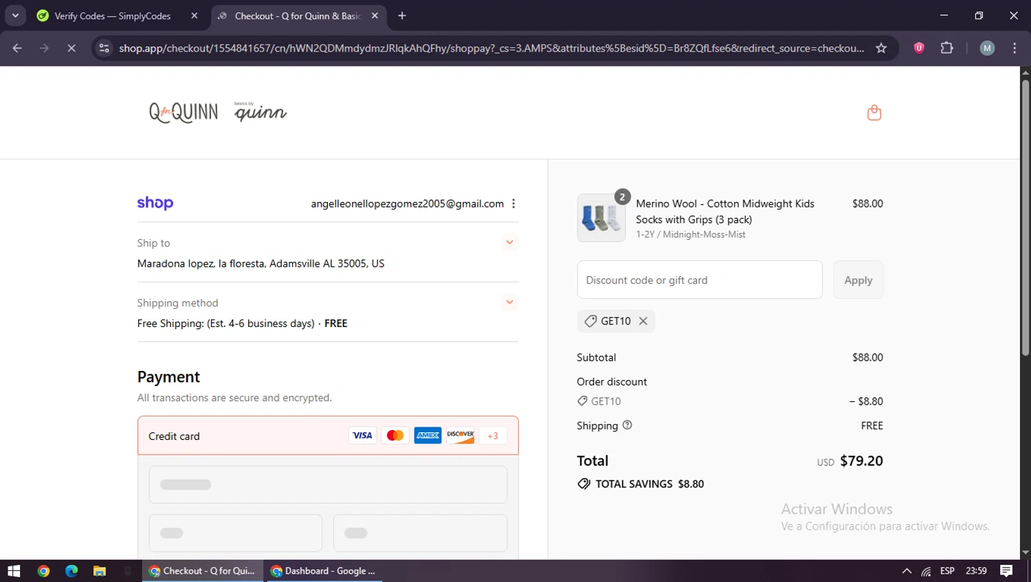 Q for Quinn discount code screenshot showing code GET10 applied at Q for Quinn checkout page. Uploaded by SimplyCodes community member maraxo on Aug 31, 2025