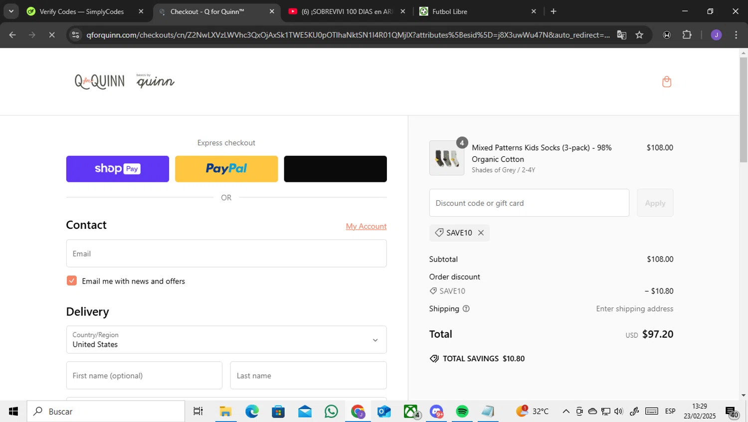 Q for Quinn discount code screenshot showing code Save10 applied at Q for Quinn checkout page. Uploaded by SimplyCodes community member ENCARAMESSI on Feb 23, 2025