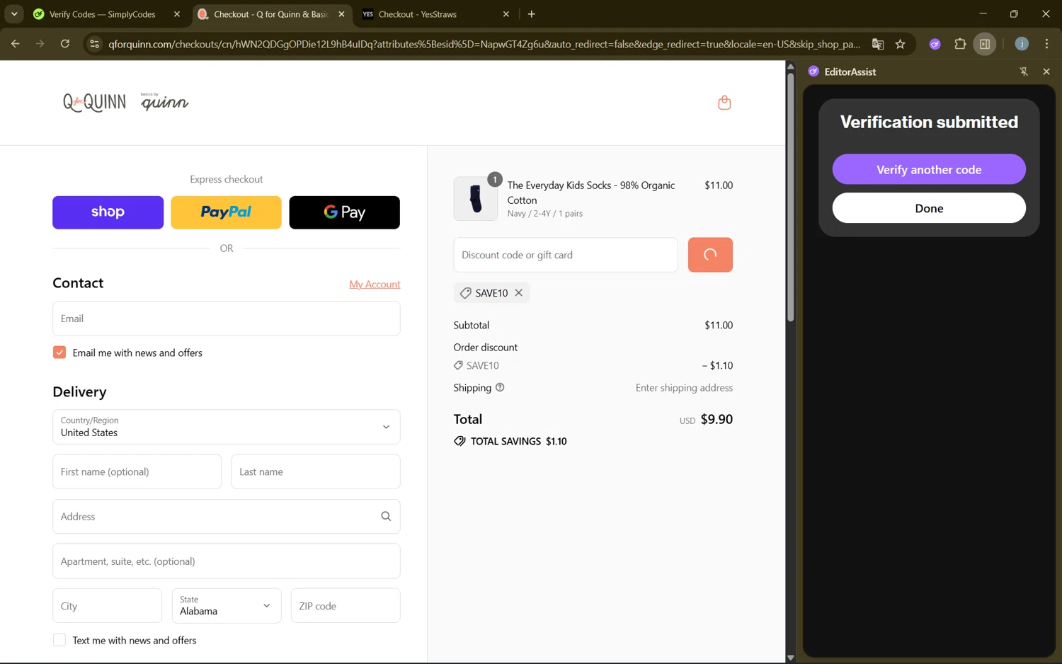 Q for Quinn discount code screenshot showing code Save10 applied at Q for Quinn checkout page. Uploaded by SimplyCodes community member frijolito on Aug 31, 2025