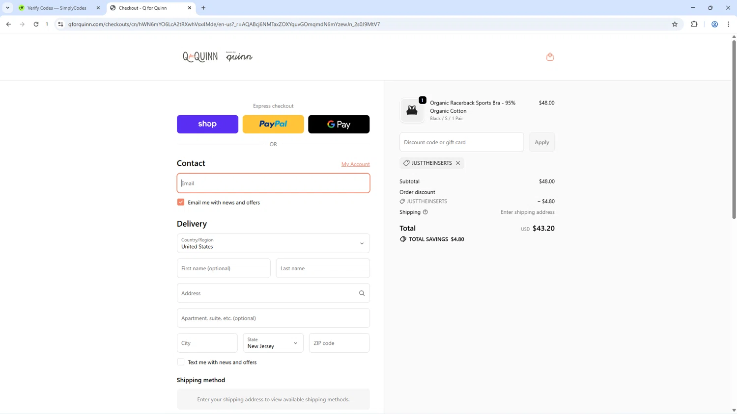 Q for Quinn discount code screenshot showing code JUSTTHEINSERTS applied at Q for Quinn checkout page. Uploaded by SimplyCodes community member Dizlike on Dec 24, 2025