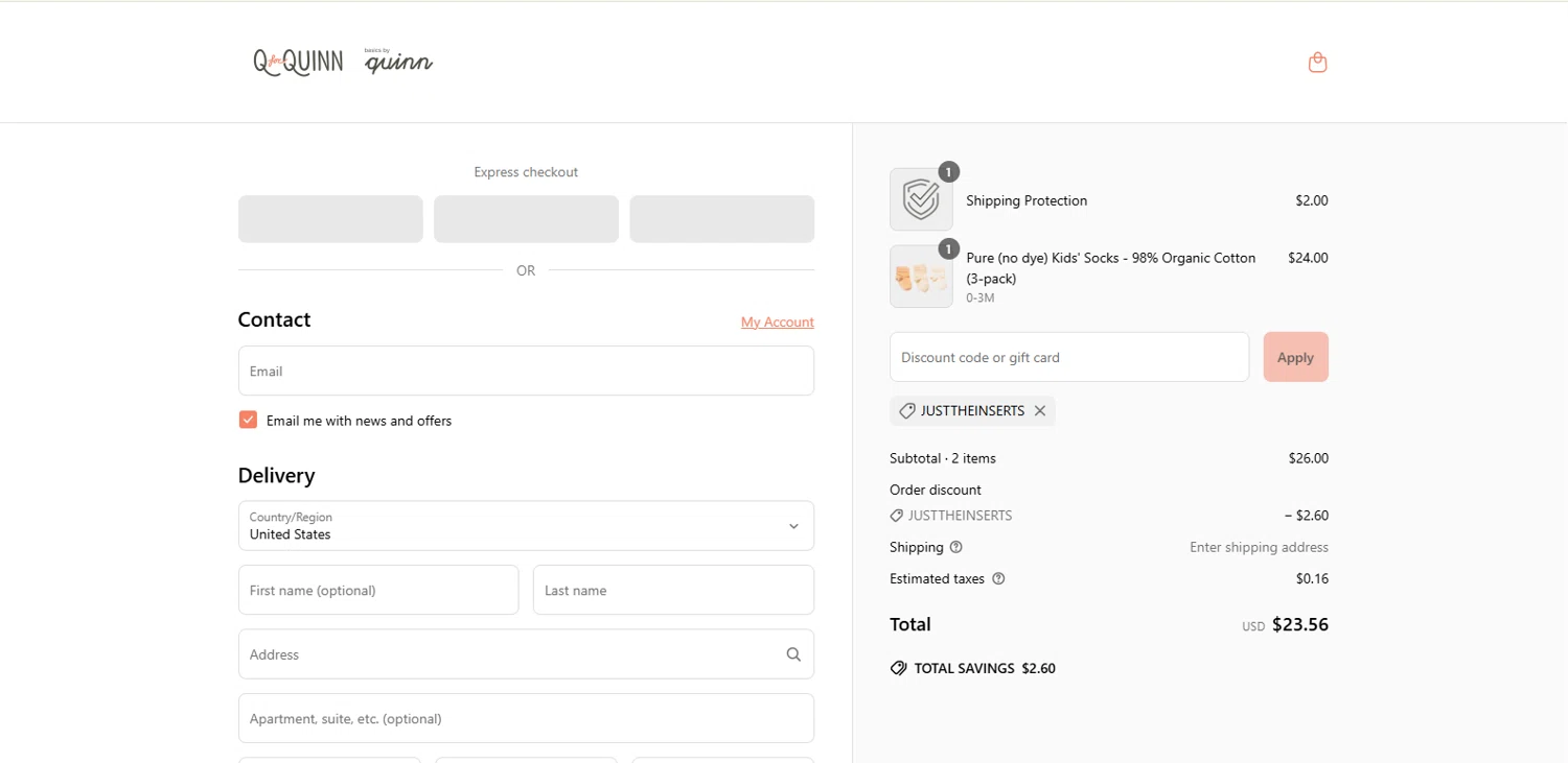 Q for Quinn discount code screenshot showing code JUSTTHEINSERTS applied at Q for Quinn checkout page. Uploaded by SimplyCodes community member kalltrom21 on Apr 24, 2025