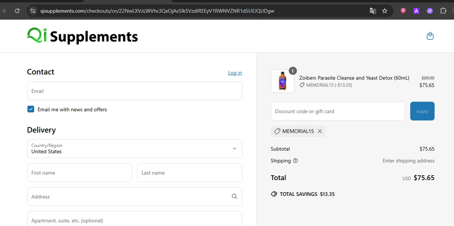 QI Supplements discount code screenshot showing code MEMORIAL15 applied at QI Supplements checkout page. Uploaded by SimplyCodes community member ExtraordinarySleuth3936 on Jun 21, 2025