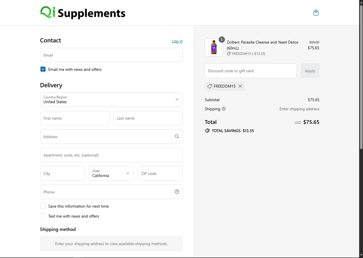 QI Supplements discount code screenshot showing code FREEDOM15 applied at QI Supplements checkout page. Uploaded by SimplyCodes community member VoucherFinder3467 on Jul 31, 2025