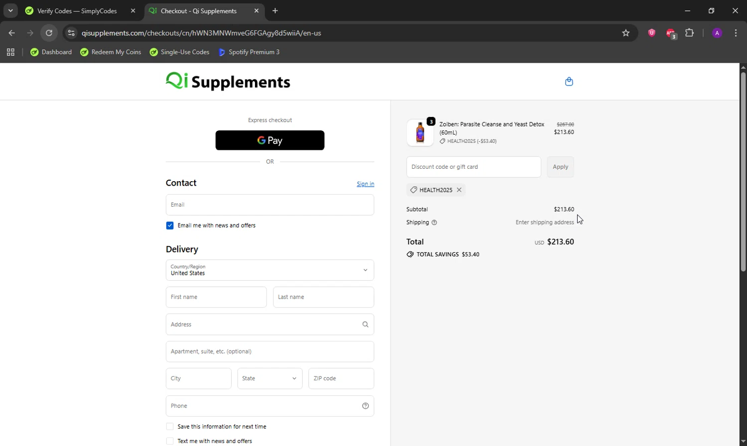 QI Supplements discount code screenshot showing code Health2025 applied at QI Supplements checkout page. Uploaded by SimplyCodes community member DeathBone on Sep 24, 2025