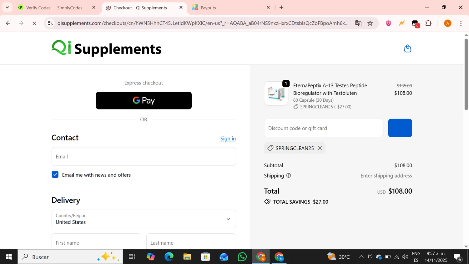 QI Supplements discount code screenshot showing code SpringClean25 applied at QI Supplements checkout page. Uploaded by SimplyCodes community member BrilliantPro4121 on Nov 14, 2025