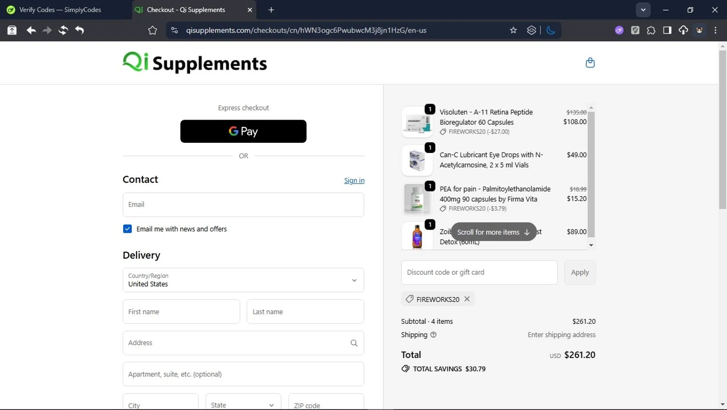 QI Supplements discount code screenshot showing code Fireworks20 applied at QI Supplements checkout page. Uploaded by SimplyCodes community member BrilliantTitan6909 on Oct 6, 2025