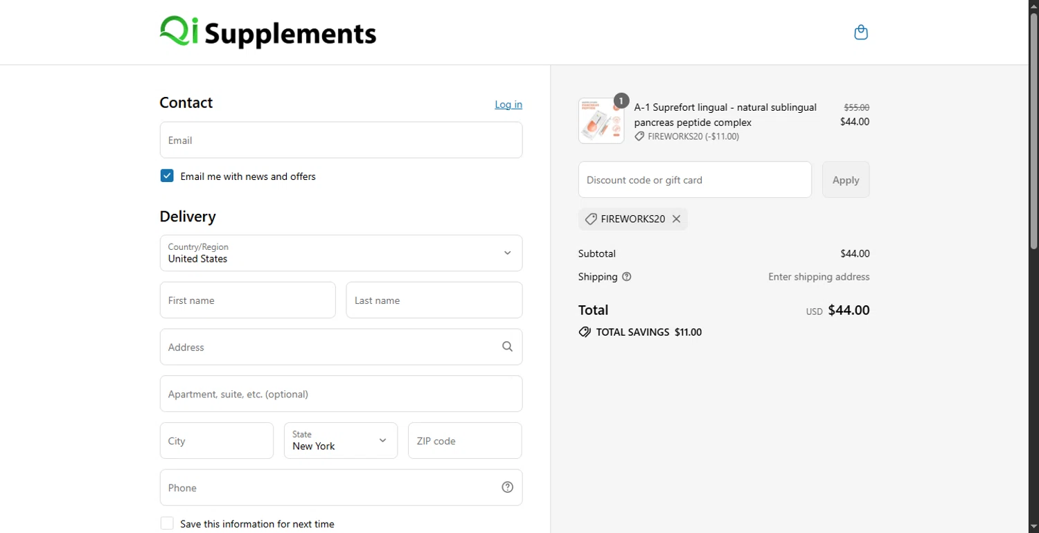 QI Supplements discount code screenshot showing code Fireworks20 applied at QI Supplements checkout page. Uploaded by SimplyCodes community member CodeFinder699 on Jul 4, 2025