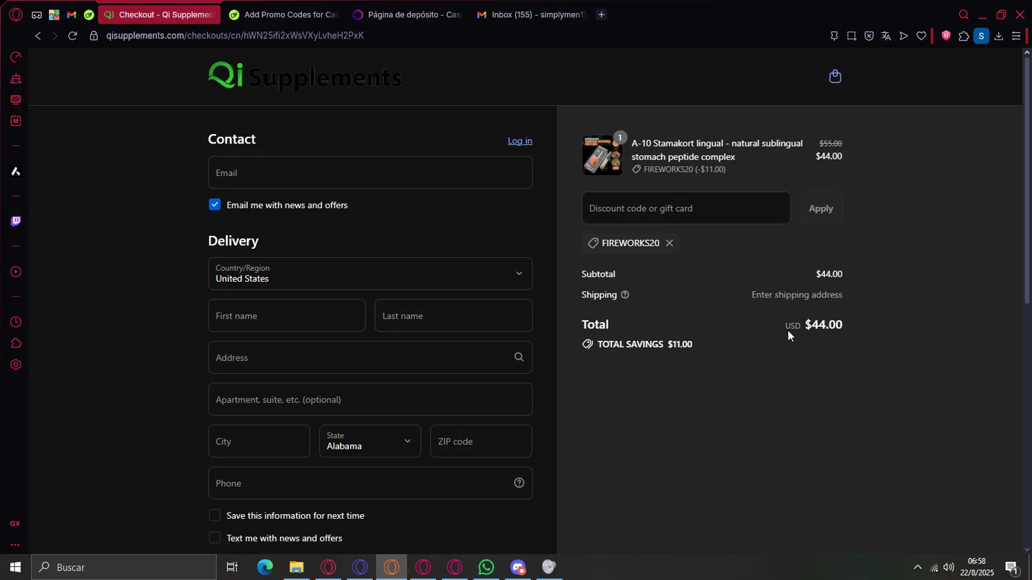 QI Supplements discount code screenshot showing code Fireworks20 applied at QI Supplements checkout page. Uploaded by SimplyCodes community member Roronoazoro on Aug 22, 2025