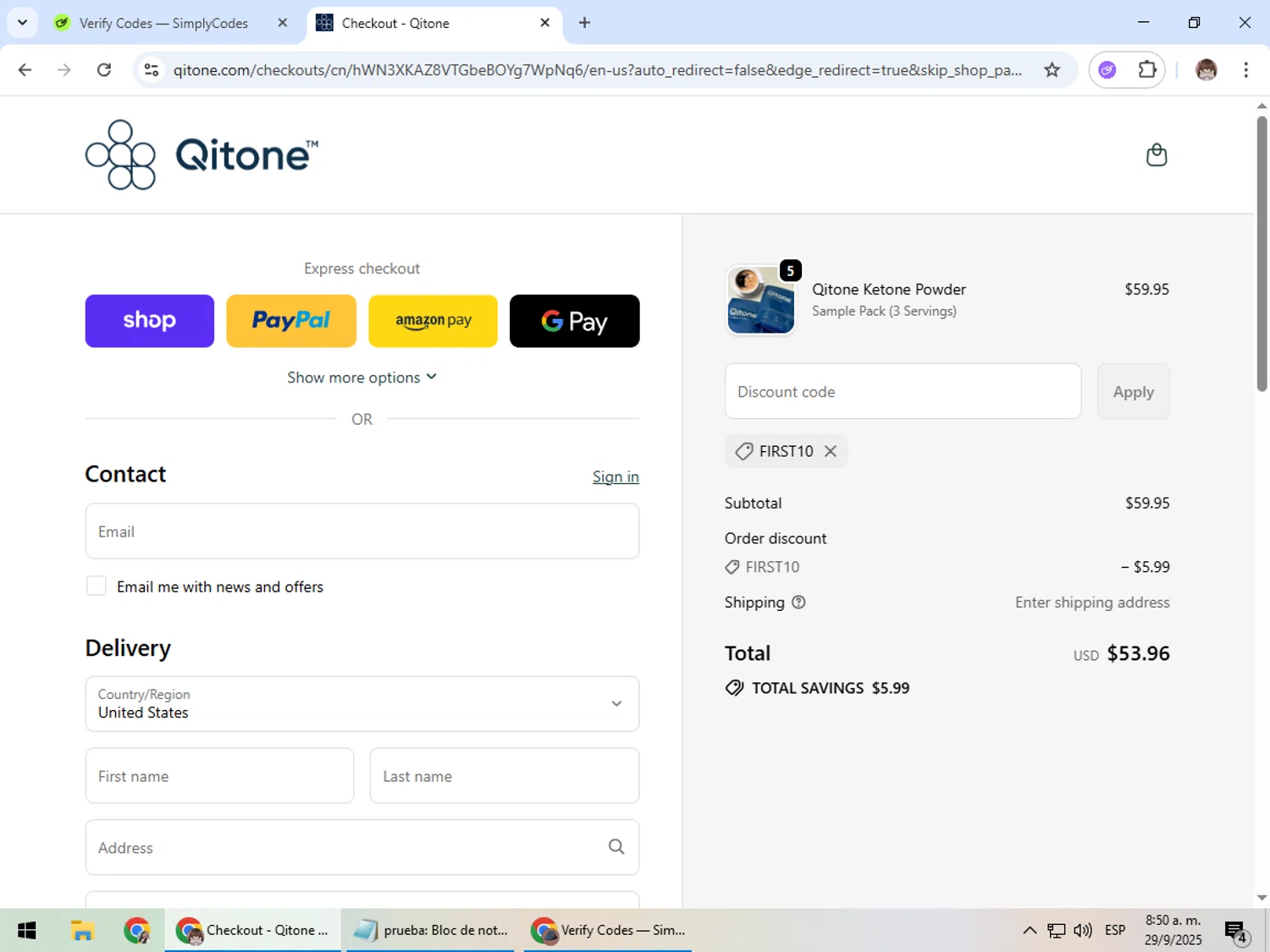 Qitone promo code screenshot showing code FIRST10 applied at Qitone checkout page. Uploaded by SimplyCodes community member Jepsii on Sep 29, 2025