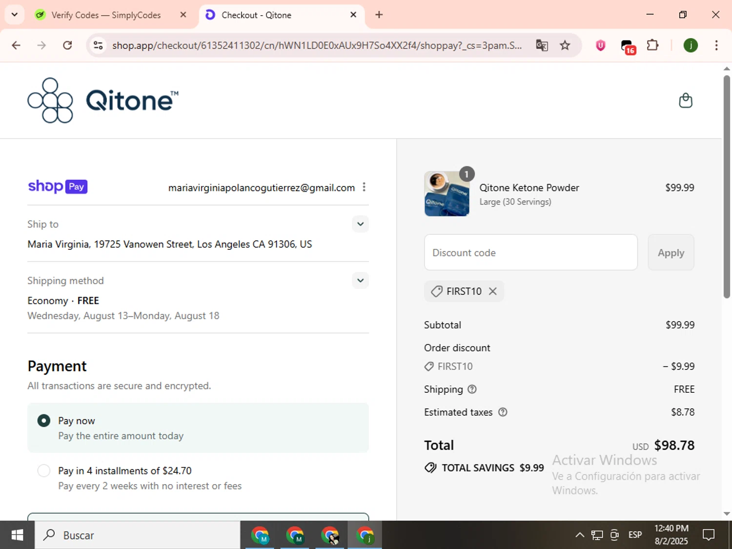 Qitone promo code screenshot showing code FIRST10 applied at Qitone checkout page. Uploaded by SimplyCodes community member SavingsCollector2592 on Aug 2, 2025