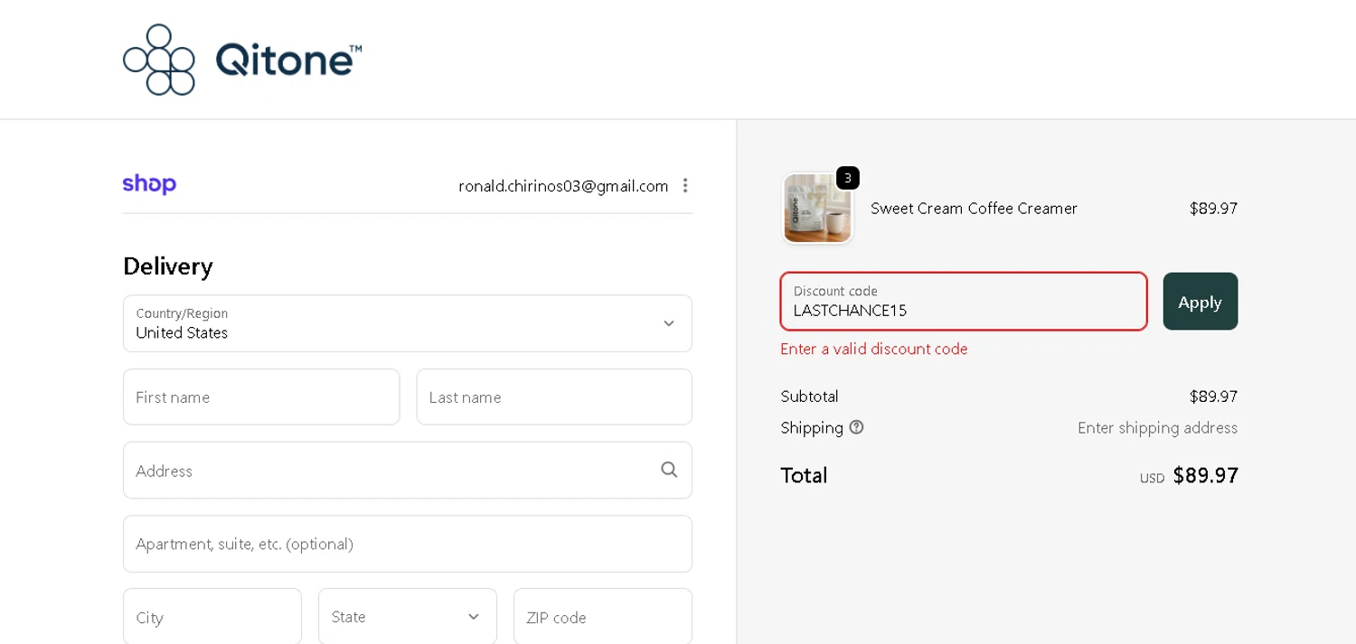 Qitone promo code screenshot showing code LASTCHANCE15 applied at Qitone checkout page. Uploaded by SimplyCodes community member PennySage5996 on Jan 9, 2026