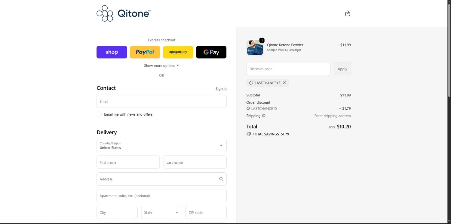 Qitone promo code screenshot showing code LASTCHANCE15 applied at Qitone checkout page. Uploaded by SimplyCodes community member Depressive on Dec 11, 2025
