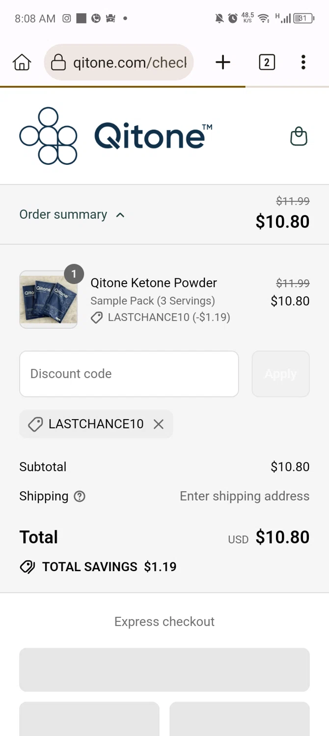 Qitone promo code screenshot showing code LASTCHANCE10 applied at Qitone checkout page. Uploaded by SimplyCodes community member MRDEAL on Sep 14, 2025