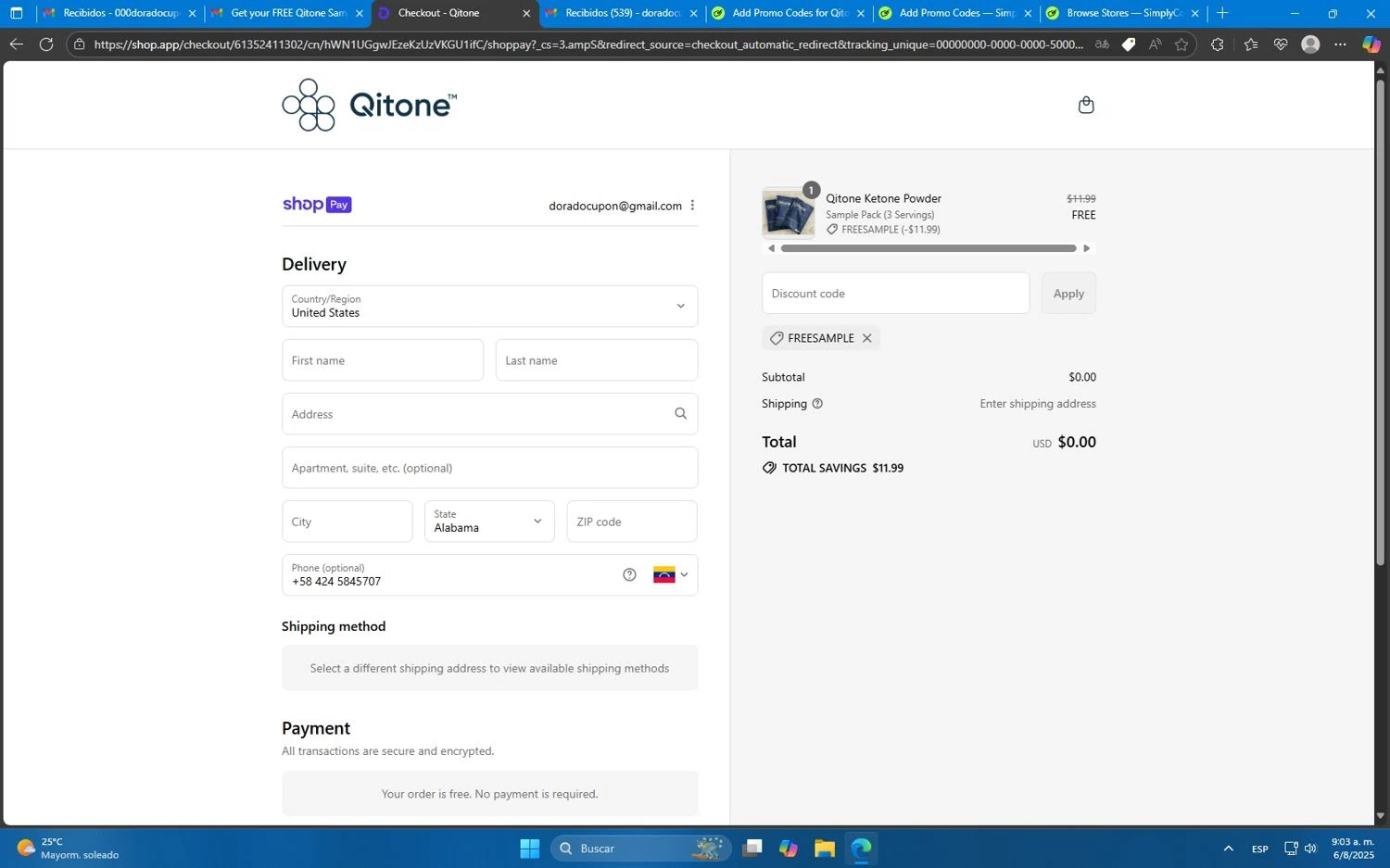 Qitone promo code screenshot showing code FREESAMPLE applied at Qitone checkout page. Uploaded by SimplyCodes community member Mdeoca on Aug 6, 2025