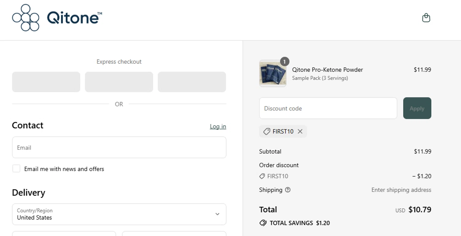 Qitone promo code screenshot showing code FIRST10 applied at Qitone checkout page. Uploaded by SimplyCodes community member aumentadax10 on Jul 4, 2025