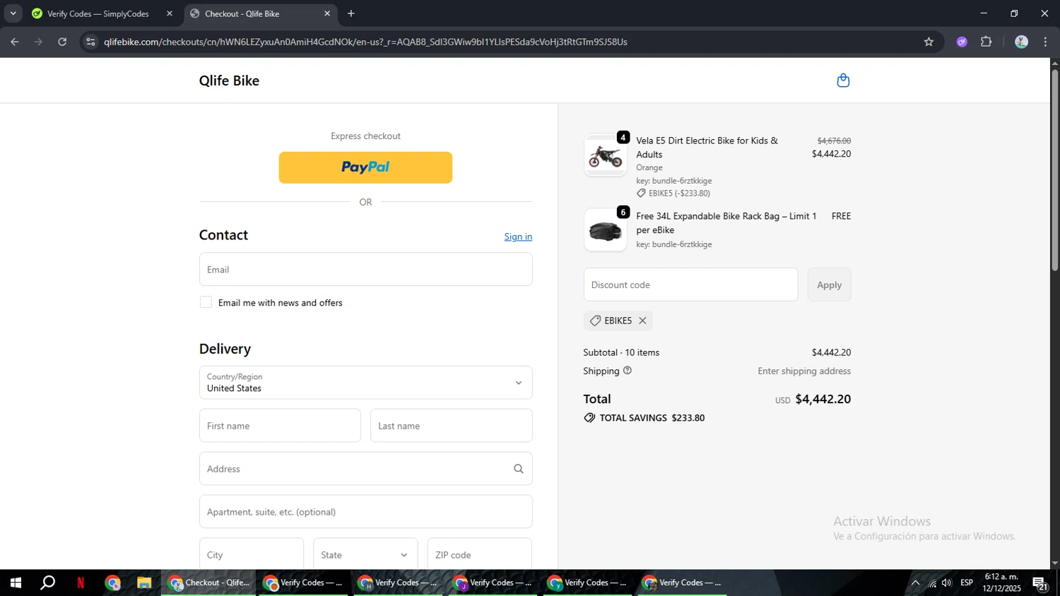 Qlife Bike promo code screenshot showing code EBIKE5 applied at Qlife Bike checkout page. Uploaded by SimplyCodes community member ShrewdSeeker6165 on Dec 12, 2025