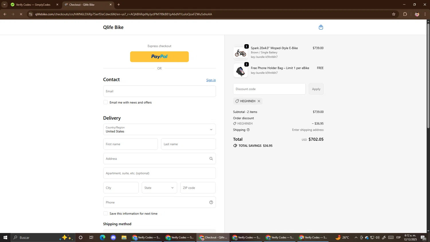 Qlife Bike promo code screenshot showing code Heghineh applied at Qlife Bike checkout page. Uploaded by SimplyCodes community member El_mynor on Dec 12, 2025