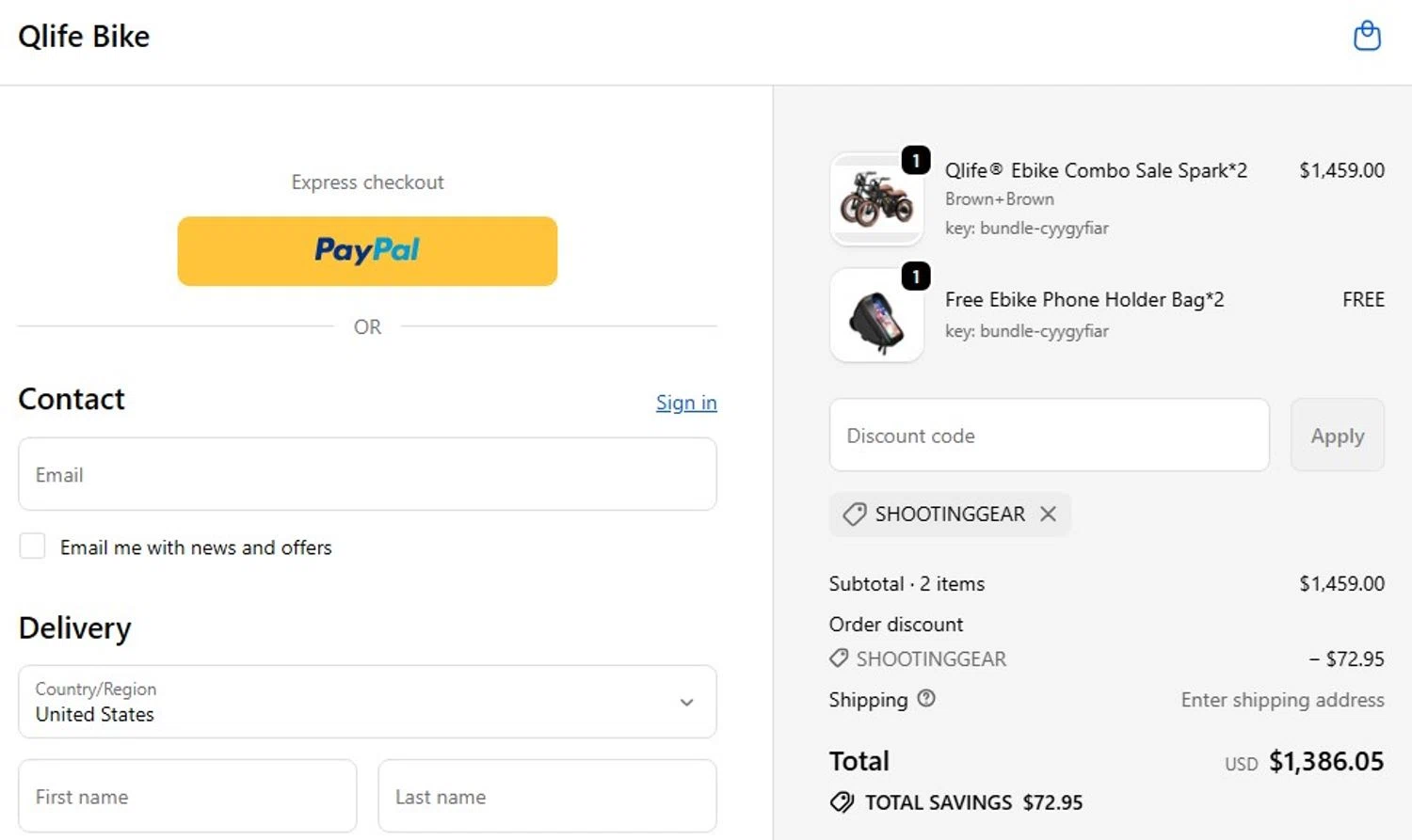 Qlife Bike promo code screenshot showing code SHOOTINGGEAR applied at Qlife Bike checkout page. Uploaded by SimplyCodes community member Elcompa on Jan 11, 2026