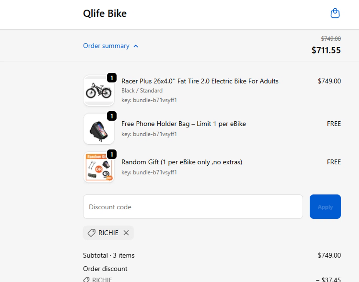 Qlife Bike promo code screenshot showing code RICHIE applied at Qlife Bike checkout page. Uploaded by SimplyCodes community member ashe1986 on Nov 13, 2025
